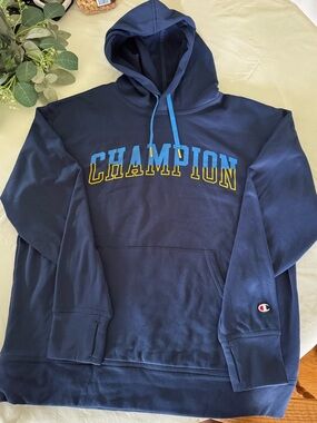 Champion Navy Hoodie with Blue Drawstrings and Blue/Yellow Logo